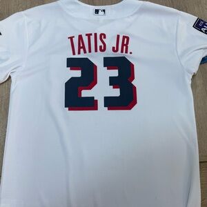 White Tattis Jr 2021 All Star Game Baseball Jersey with Red and Blue Accents